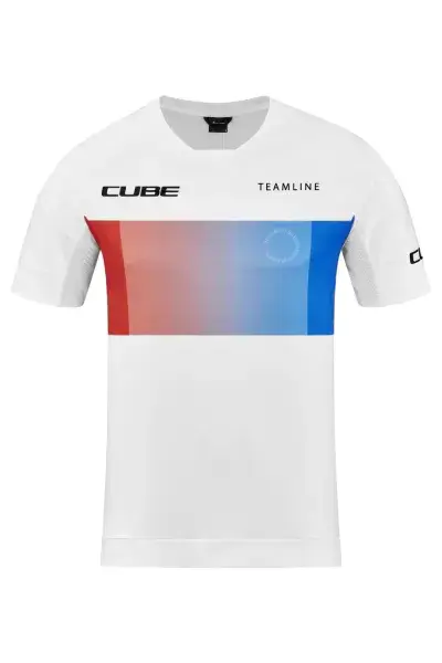Cube Teamline Rundhals Fahrrad Trikot kurz weiß/blau/rot 2026 - Größe: S (44/46)