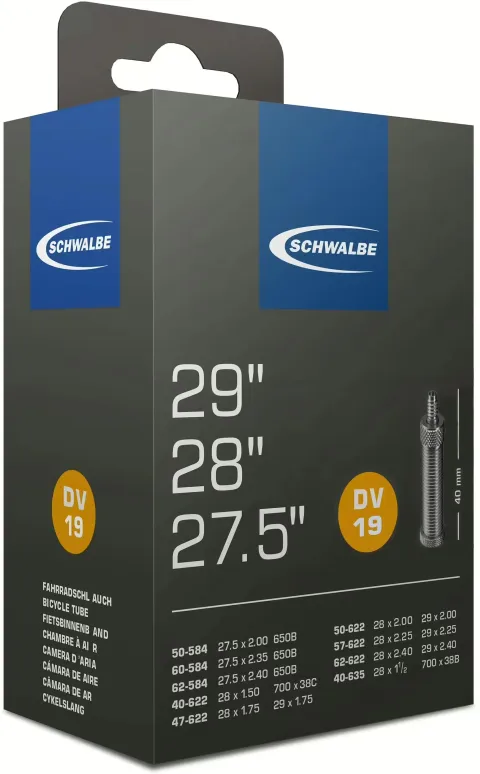 Schwalbe Schlauch Nr. 19 – Fahrradschlauch 27,5"/28"/29" 40-62/584-635 DV 40 mm