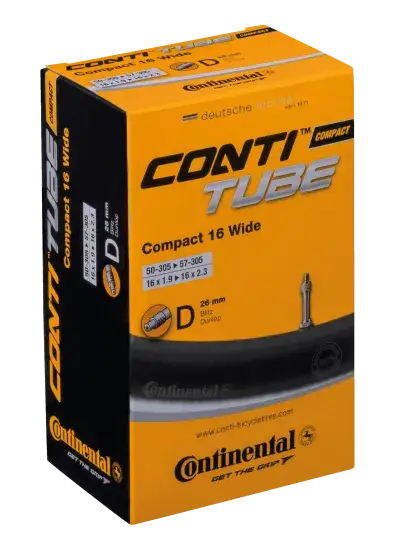 Conti Fahrradschlauch Compact 16 wide 50-57/305 16x1.9-2.3 Dunlop-Ventil D26