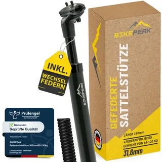BikePeak Federsattelstütze Ø wählbar 350mm schwarz inkl. 4 Wechselfedern - Ø 31.6 mm