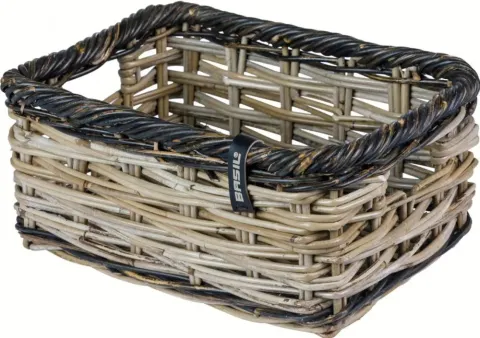 Basil Dijon S Vorderradkorb - grobmaschiges Rattan, grau/schwarz, mit Deckel - Traglast bis 5 kg