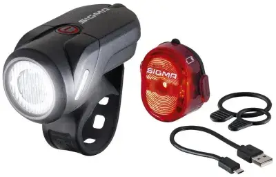 Sigma Akku-LED-Beleuchtungsset Aura 35 USB (35 Lux/45 m, 2 Modi, Micro-USB, StVZO) + Nugget II…