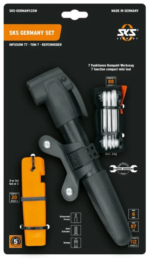SKS GERMANY Set: INFUSION TT Minipumpe, TOM 7 Multitool, 3 LEVERMEN Reifenheber, ideal für…